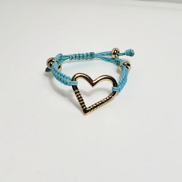Macrame Bracelet with Heart Charm Blue Wax Cord Gold tone - Picture 2 of 9